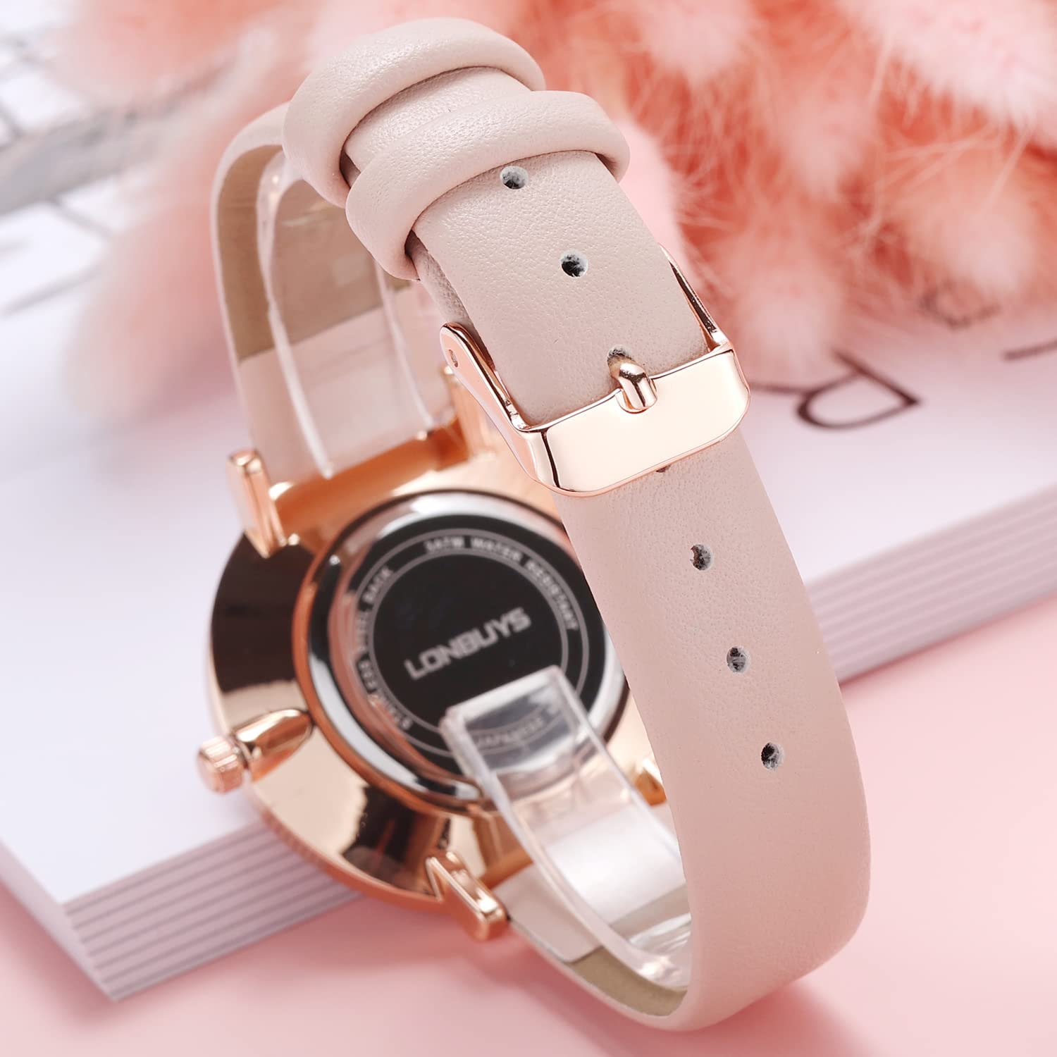 LONBUYS Women's Quartz Watch with Leather Strap,Waterproof Rose Gold Black Leather Band Wrist Watch Ladies Wristwatch for Dress Casual Business - Image 5